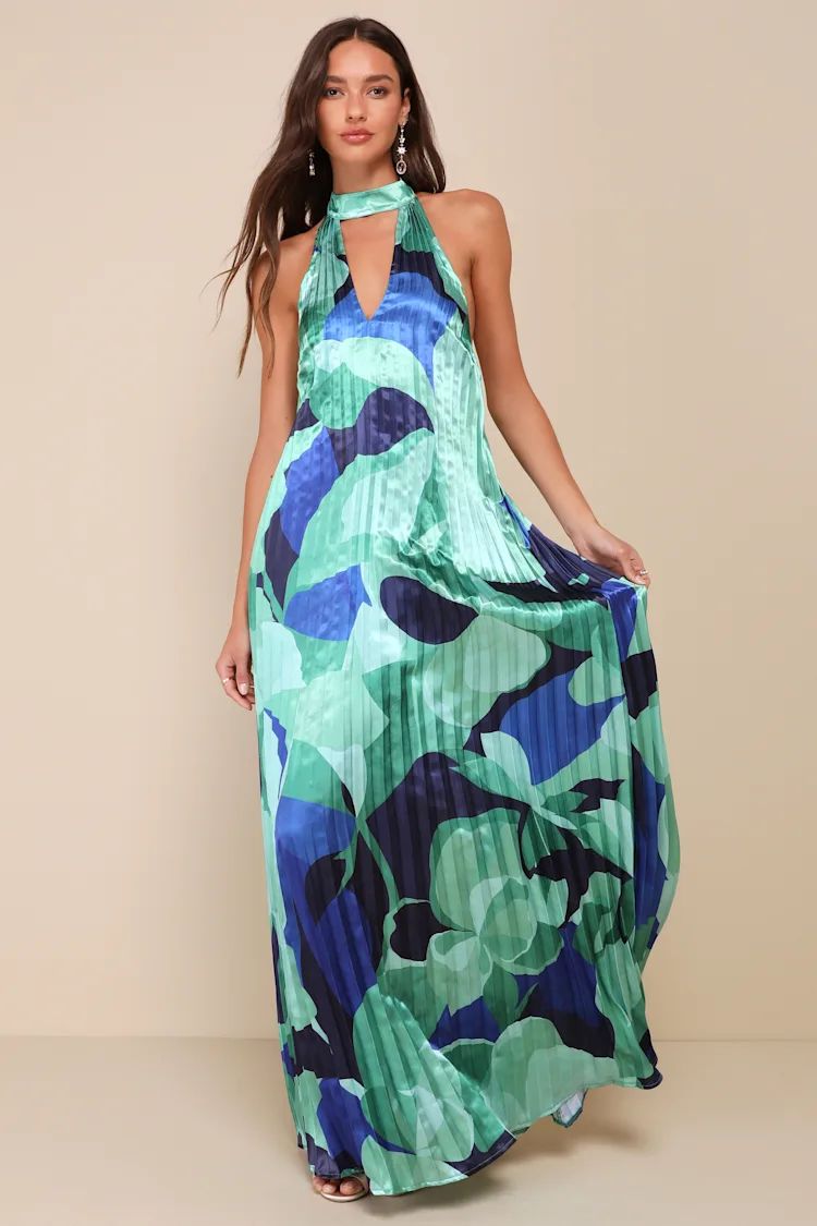 Prime Poise Green and Blue Abstract Satin Halter Maxi Dress | Lulus