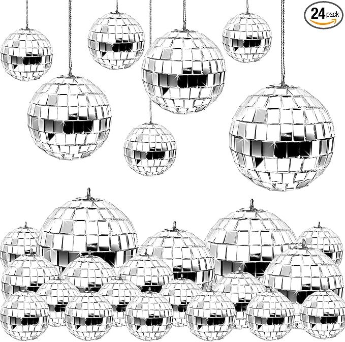 24 Pcs Mirror Disco Ball Hanging, Silver Glass Decor, Disco Party Decorations Ornament for Holida... | Amazon (US)
