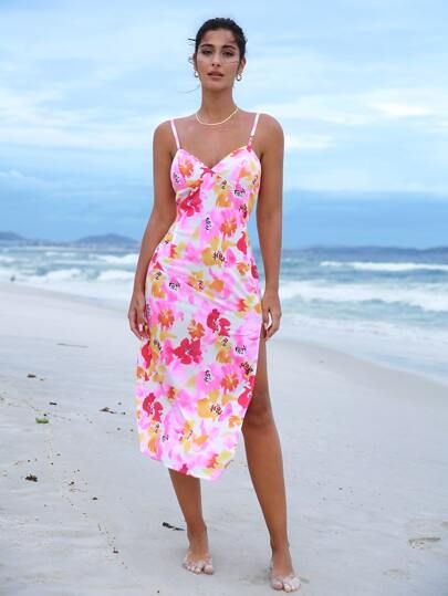 Allover Floral Print Slit Thigh Cami Dress | SHEIN