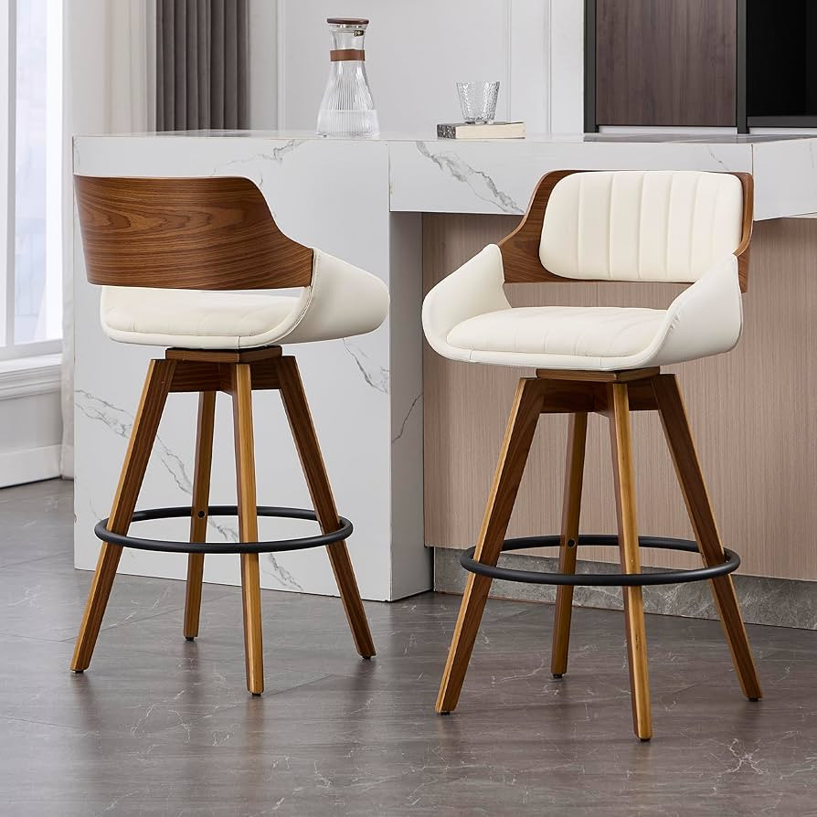 Swivel Bar Stools Set of 2, Walnut Counter Height Bar Stools with Back and Arms, 26" Modern Faux ... | Amazon (US)