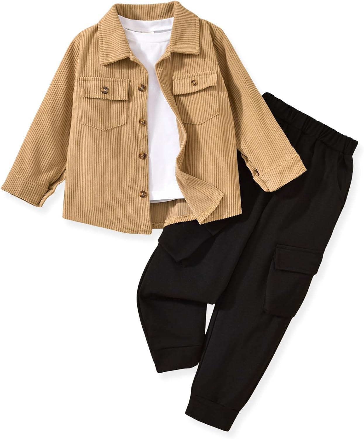 Toddler Little Boy Corduroy Button Down Jacket T-shirt Cargo Pant 3 Pieces Outfits Set | Amazon (US)