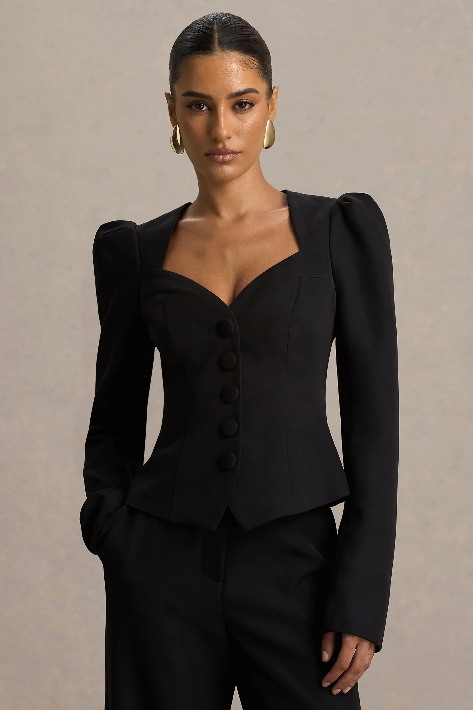 Olympia | Black Sweetheart-Neck Tailored Top | Club L London