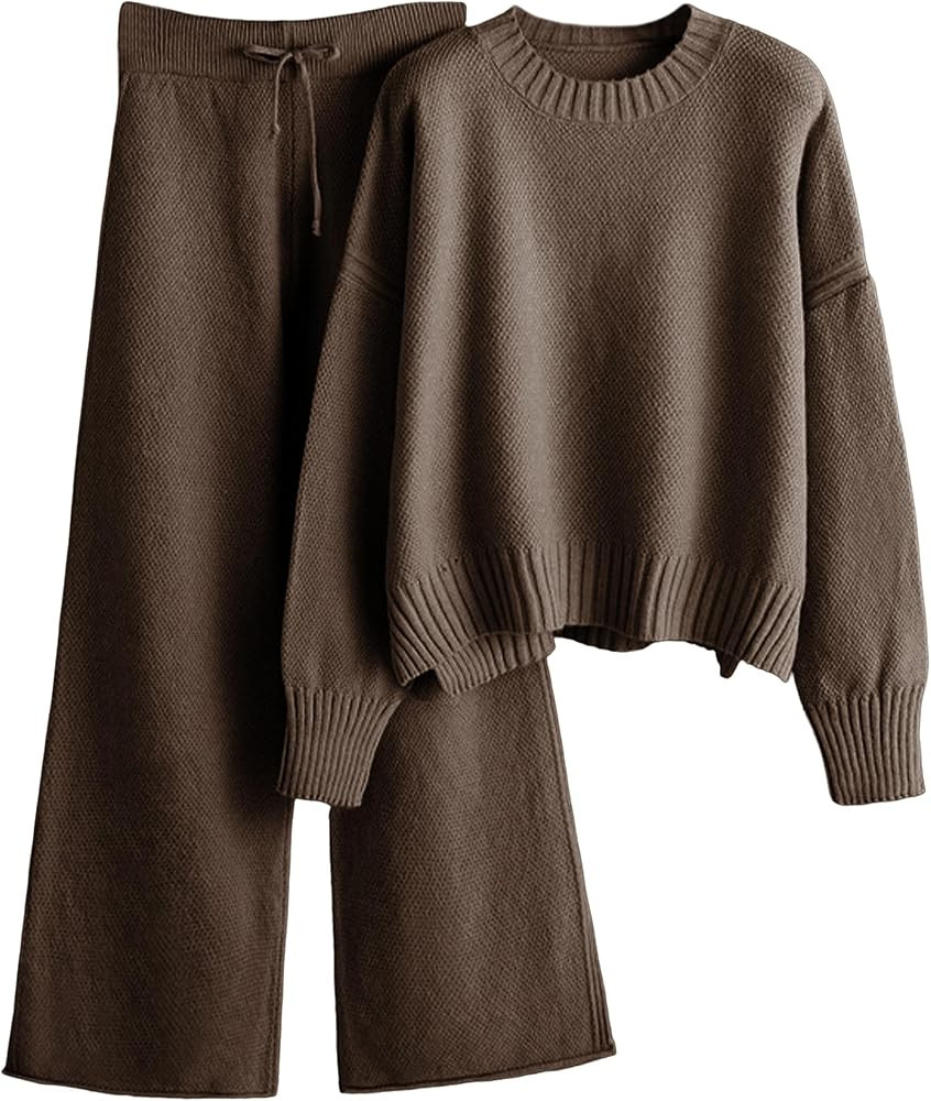 Zaxqunty 2 Piece Outfits for Women Sweater Sets Knit Long Sleeve Tops Elastic Waisted Pants Loung... | Amazon (US)
