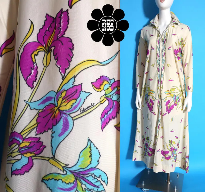 Iconic Vintage 60s 70s Purple Iris Floral Border Print Travel Dress by Eduardo | Etsy (Global)
