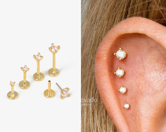 18G/16G Gold Threadless Push Pin Labret Stud  Solid 925 | Etsy | Etsy (US)