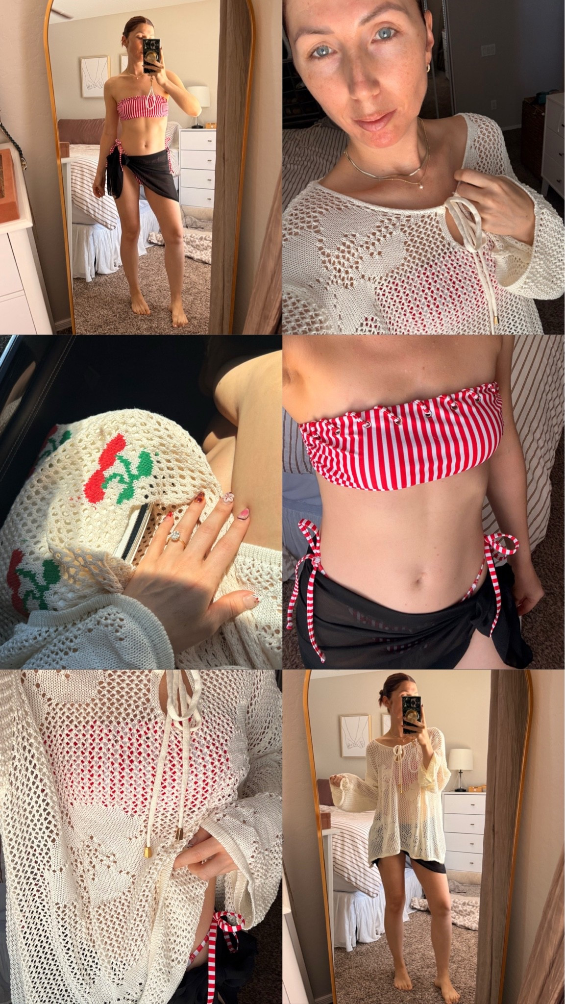 Red stripe swim suit size small. 
Black serong - mesh 2 pack size medium.
Beige crocheted cherry bag. 
Crochet swim cover dress/shirt- oversized medium.
Jewelry Amazon hypoallergenic.

Summer outfits, summer dresses, beach vacation outfits, vacation outfits beach

#LTKSeasonal #LTKSwim #LTKPetite