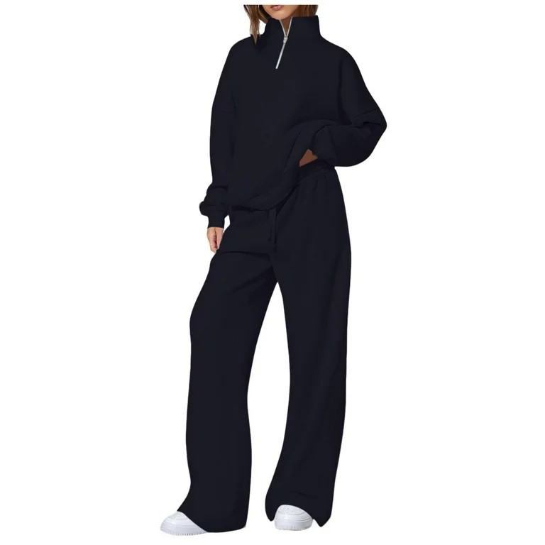 VBVC No Boundaries Women's Fall Winter 2 Piece Outfits,Half Zip Oversized Sweatshirt and Wide Leg... | Walmart (US)