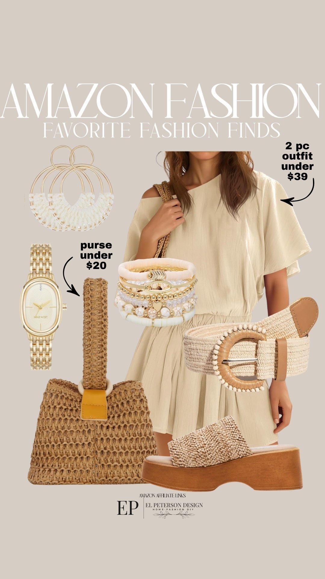 Amazon
2 pc outfit
Belt
Purse
Watch
Earrings 
Sandals
Bracelets 