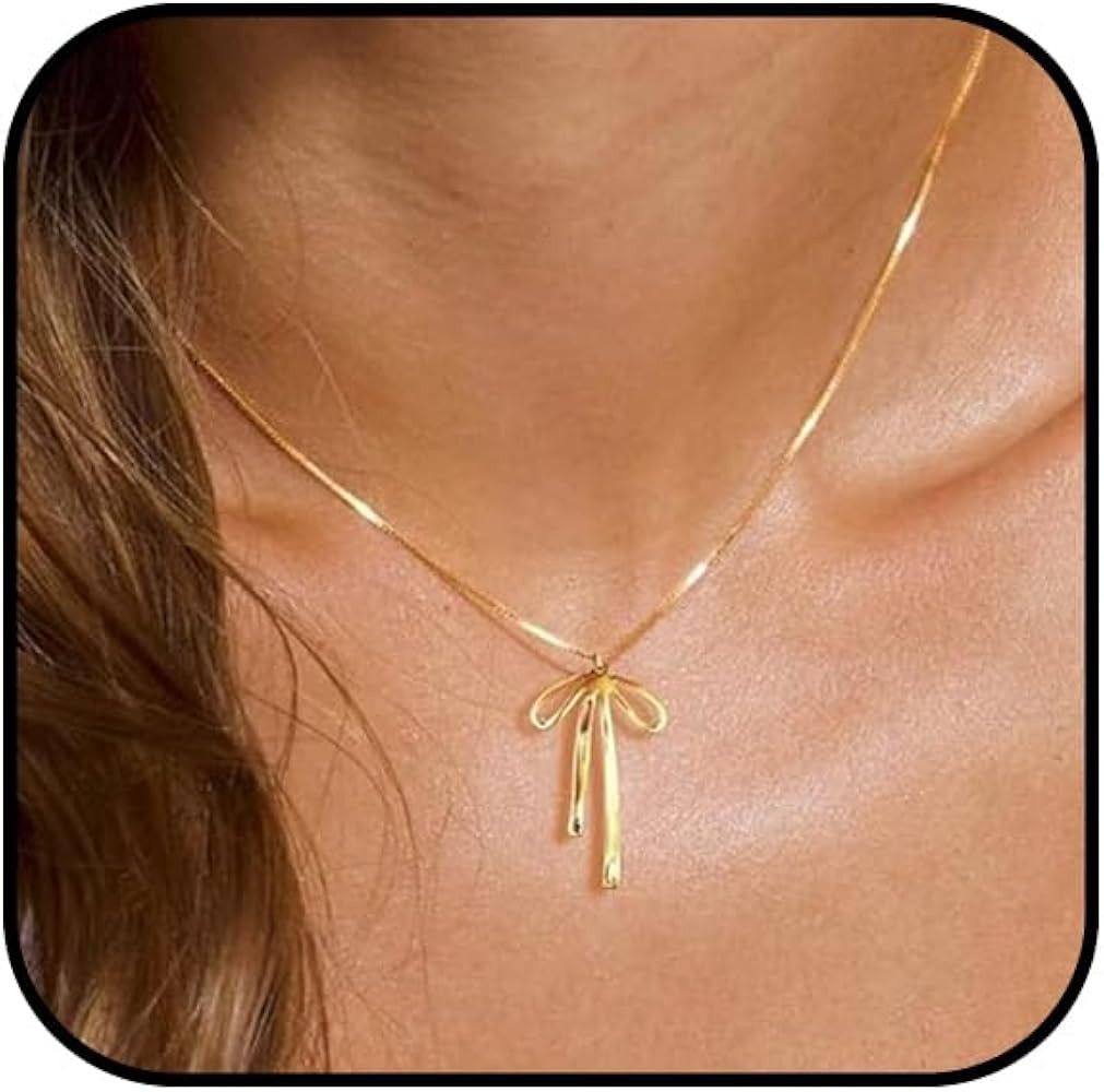 Gold Bow Necklace for Women Gold Ribbon Necklace Fashion Delicate and Cute Simple Bow Pendant Nec... | Amazon (US)