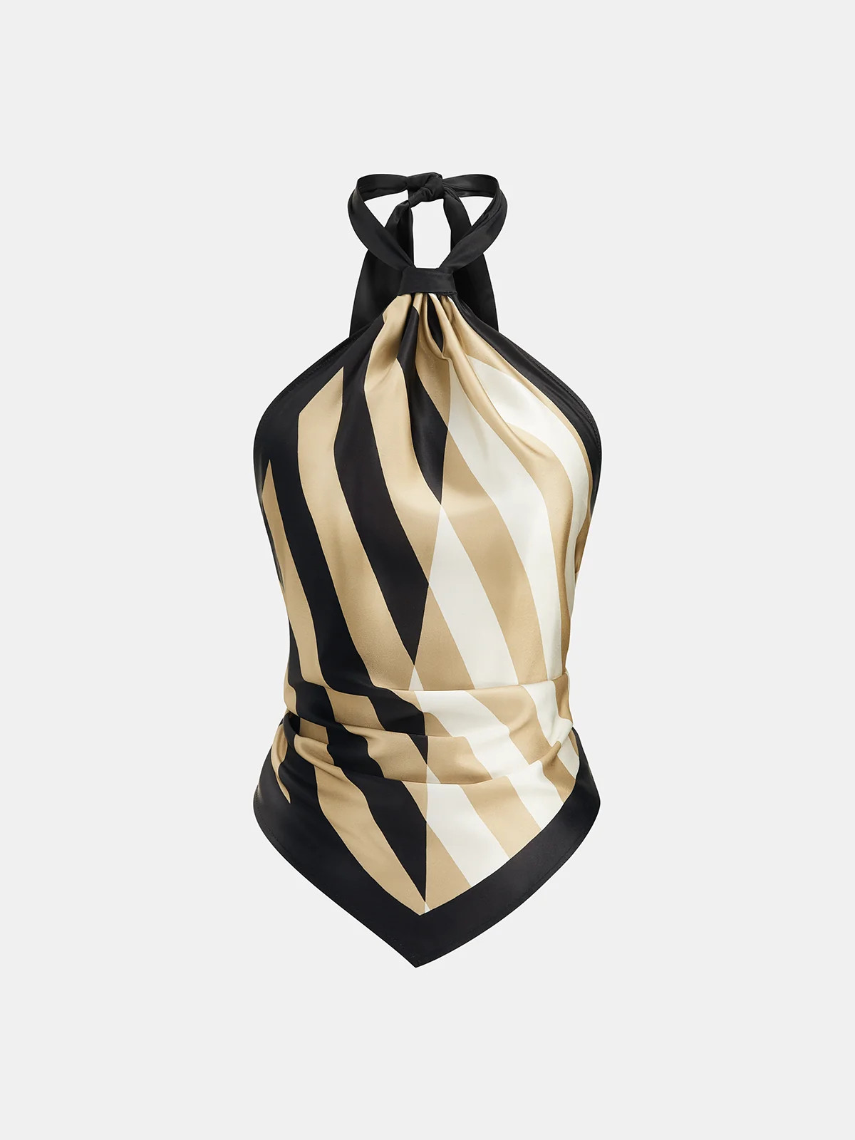 Geometric-stripe satin halter top with asymmetric hem and scarf-style cut | Commense
