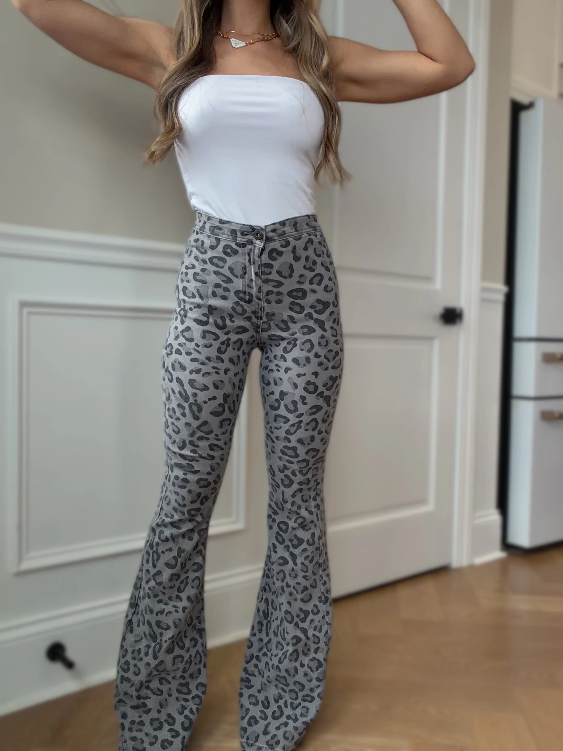 Fiona High Waisted Bell Bottom Flare Jeans - Grey Leopard | Willow Boutique