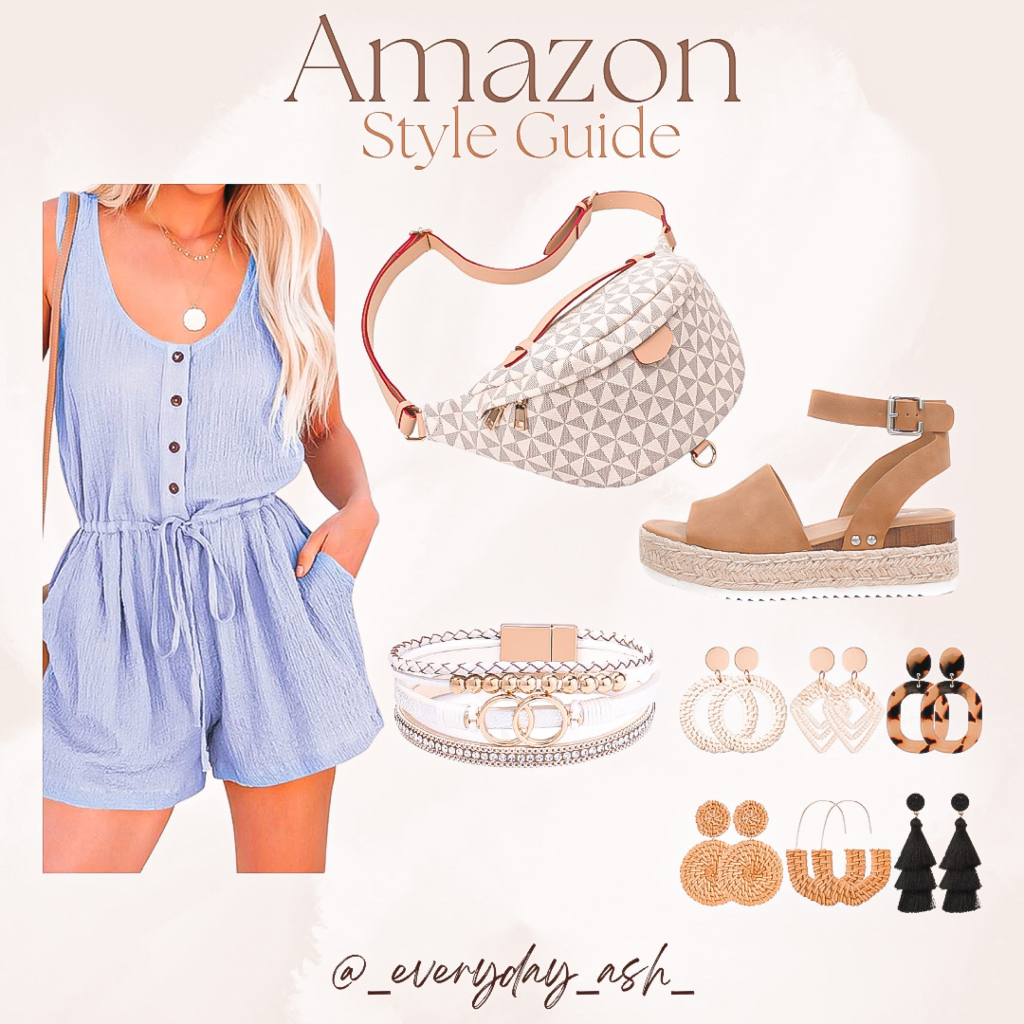 Amazon Style Guide 

This summer outfit will be the perfect go to outfit when you feel like you have nothing to wear ☺️💙

Casual chic and affordable 🤎

Amazon fashion, amazon must haves, Amazon finds, romper, sandals, shoes, platform sandals, wedges, earrings, earring packs, bracelet, summer accessories, dupe bag, crossbody bag, belt bag, Fanny pack, travel outfit, mom outfit, go to outfit, casual style, Fourth of July outfit, summer outfit, vacation outfit 

#LTKstyletip #LTKFind #LTKxPrimeDay