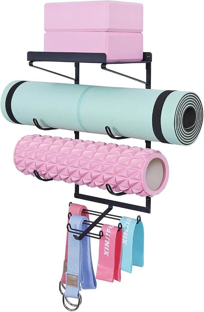 Yoga Mat Holder Wall Mount Yoga Mat Storage Rack Home Gym Accessories with 3 Sectional and 7 Hook... | Amazon (US)