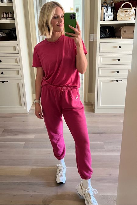bright pink sweatpants & tee from perfect white tee! New balance sneakers size 7 (under $100)! 

wearing size small for both top & bottoms 

#LTKSeasonal #LTKstyletip