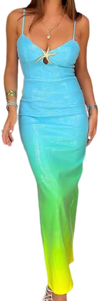 Women's Glitter Sequin Dress Sexy Spaghetti Strap Sleeveless Long Party Dress Gradient Casual Clu... | Amazon (US)