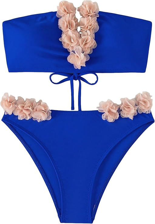 SHENHE Women's 2 Piece Bandeau Bikini Set Strapless Lace Up Appliques Flower Swimsuit | Amazon (US)