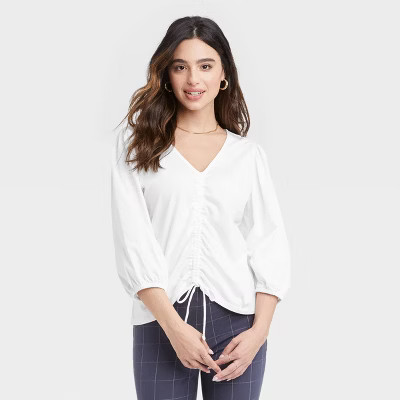 Women's Puff 3/4 Sleeve V-Neck Front Ruched Top - A New Day™ White S | Target