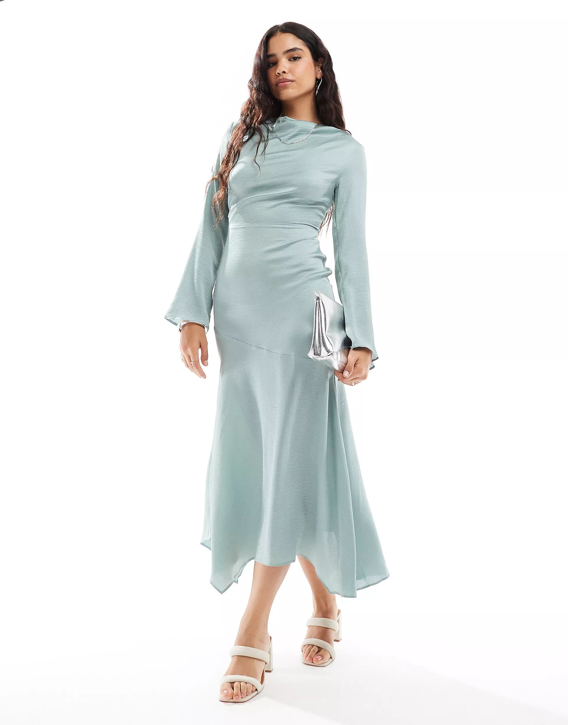 ASOS DESIGN high neck satin asymmetric hem maxi dress in smokey blue | ASOS (Global)
