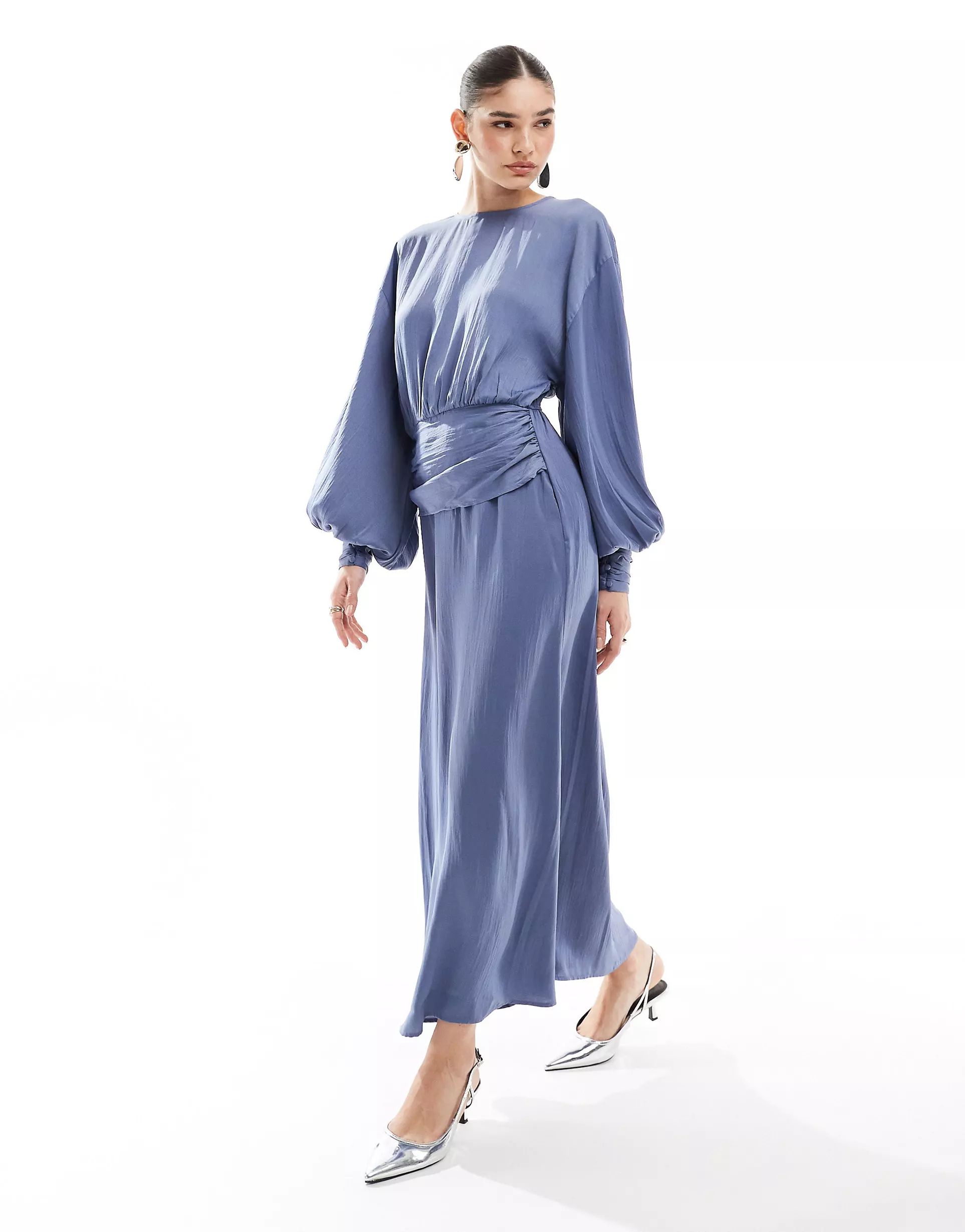 ASOS DESIGN high neck satin asymmetric hem maxi dress in smokey blue | ASOS (Global)