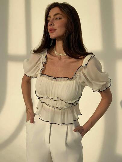 Aloruh Sweet White Top Apricot Color Layered Contrast Trim Puff Sleeve Slim Fit Blouse For Women,... | SHEIN