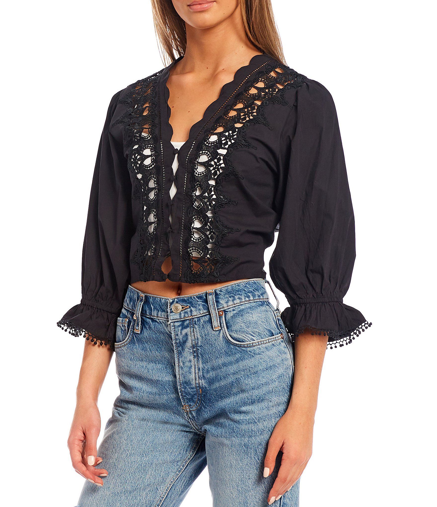 Louella Embroidered Front Scalloped Trim V-Neck 3/4 Puffed Sleeve Button Front Top | Dillards