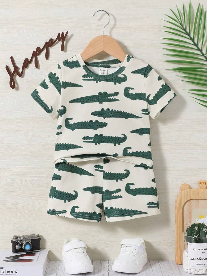 SHEIN Unisex Baby Cartoon Alligator Pattern Round Neck Oversized Sweatshirt And Shorts Set | SHEIN