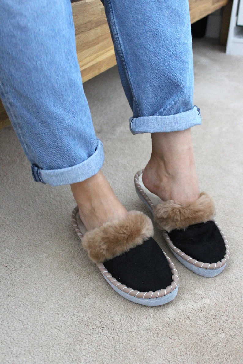 Dark Sheepskin Slippers Slip on Mules by ONAIE | Etsy (UK)
