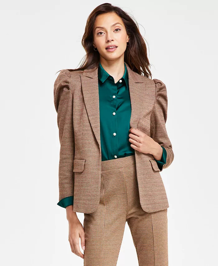 CeCe Women's Open-Front Houndstooth Plaid Puff Sleeve Blazer - Macy's | Macy's
