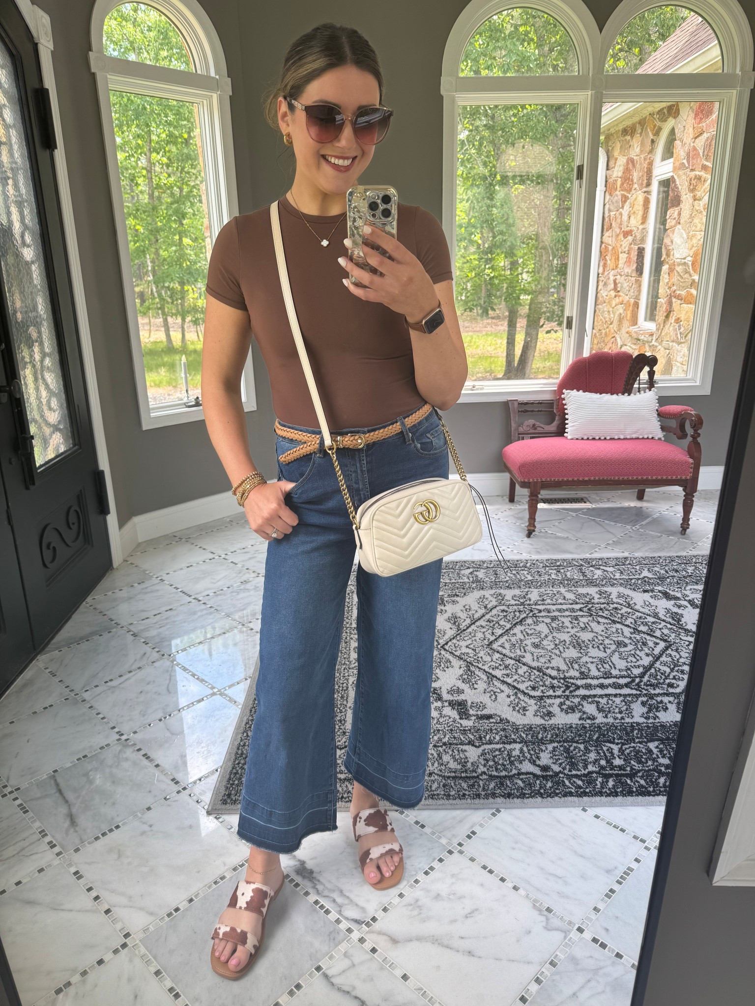 Ootd, summer outfit, casual outfit, t-shirt and jeans, chic look, summer outfit ideas, neutral outfits, Gucci bag, cow print, cow print sandals, summer sandals, Amazon outfits, Amazon outfit idea, pumiey tops, pumiey Amazon, Amazon tops, oversized sunglasses, Amazon sunglasses, trendy sunglasses, sunglasses under $20, the best every day jewelry, Amazon jewelry, every day jewelry, gold jewelry, simple gold jewelry 

#LTKStyleTip #LTKSummerEdit #LTKFindsUnder50