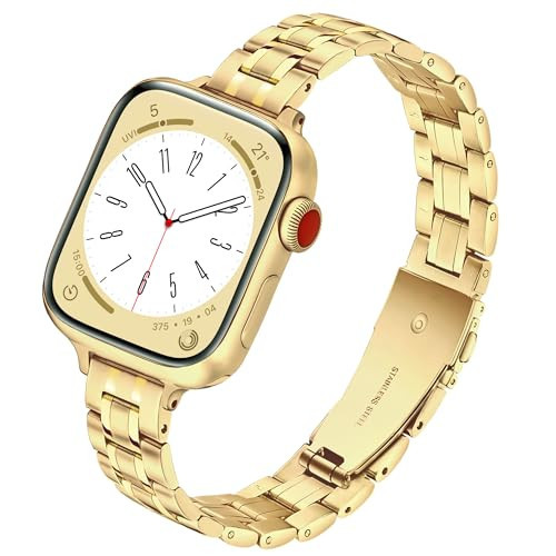 G-ficu Slim Metal Band for Apple Watch Bands for Women 41mm 40mm 38mm iWatch Bands S10 42mm, Stainless Steel Thin Dressy Gold Watch Band for Apple Watch Band Series 10 9 8 SE 7 6 5 4 3-Gold | Amazon (US)