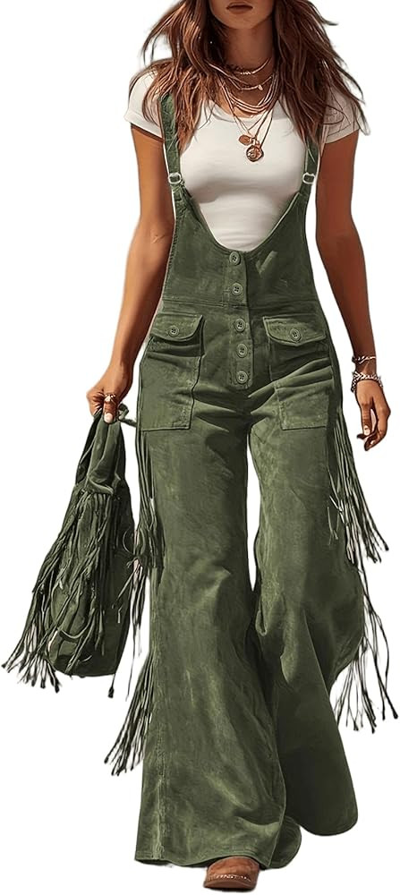 DEPENSL Womens Vintage Faux Suede Overalls Adjustable Fringe Bell Bottom Jumpsuits Western Outfit... | Amazon (US)