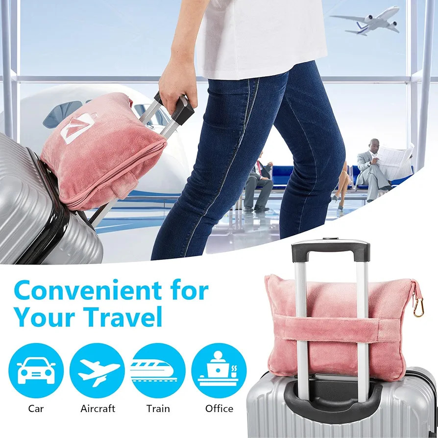Premium Travel Blanket for Airplane, Soft Airplane Blanket Pillow 2 in 1 with Compact Bag, Hand Luggage Belt and Backpack Clip, Portable Travel Essentials for Long Flights | Amazon (US)