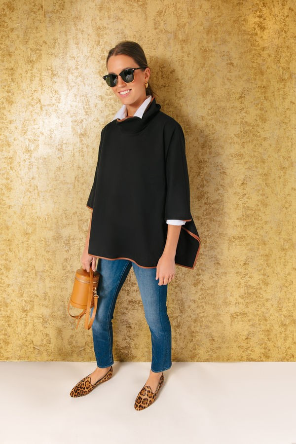 Black Leather Trim Funnel Neck Piper Poncho | Tuckernuck (US)