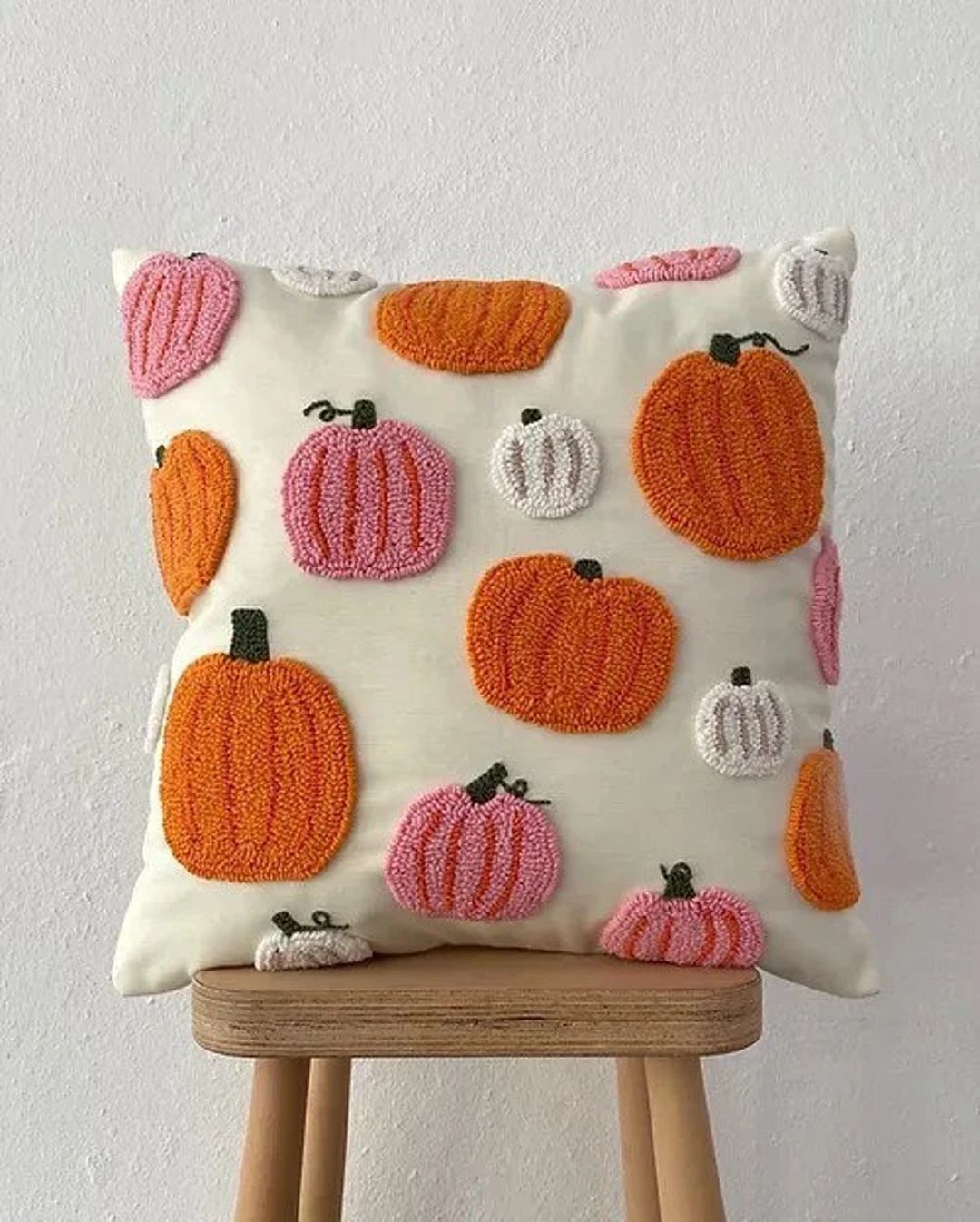 Handmade Pillow Cover - Halloween Pumpkin Decorative Pillow - Colorful Pumpkins - Punch Embroider... | Etsy (US)