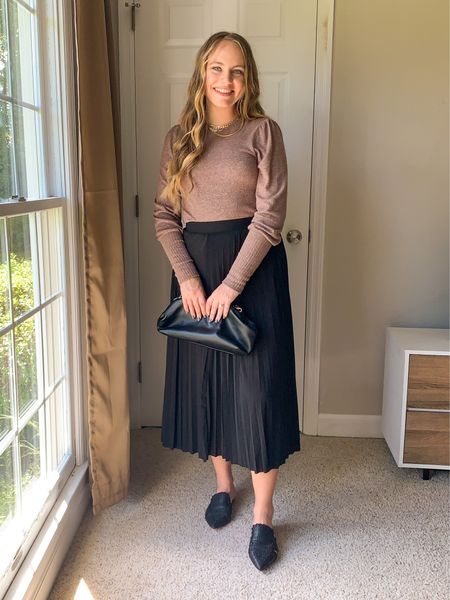 Cute fall midi black skirt outfit idea!! I linked lots of several items since as brown long sleeve tops, black clutch bag purses, black pleated midi skirt, and black mules! Great church outfit idea, work outfit idea, or date night outfit idea!! More fall outfits on my page! 

#LTKwedding #LTKworkwear #LTKitbag