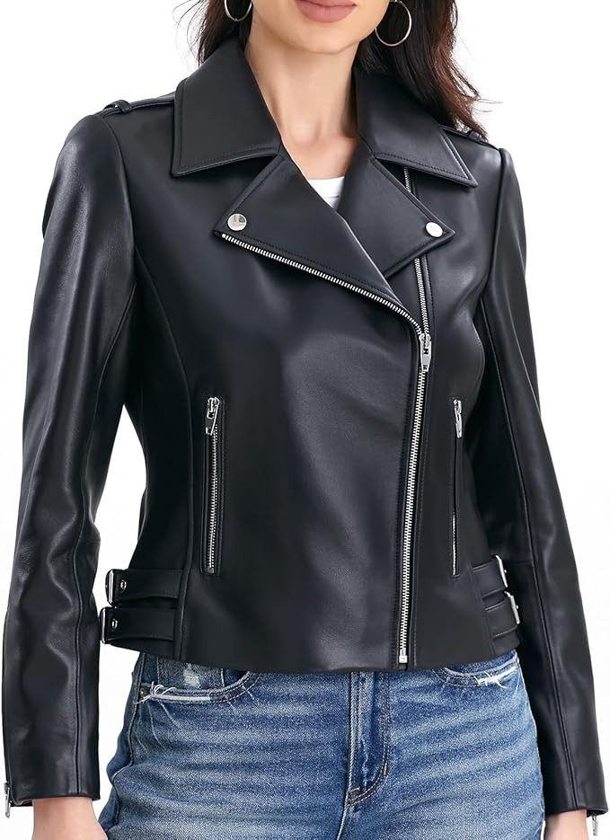 SILVER FASHIONS Lambskin Leather Jacket Women,Motorcycle Jacket,Asymmetrical Zip Style,Buckle Bel... | Amazon (US)
