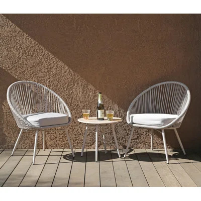 3-Piece Patio Table Bistro Set Grey Outdoor All Weather Woven Rope Cushion Chair | Wayfair North America