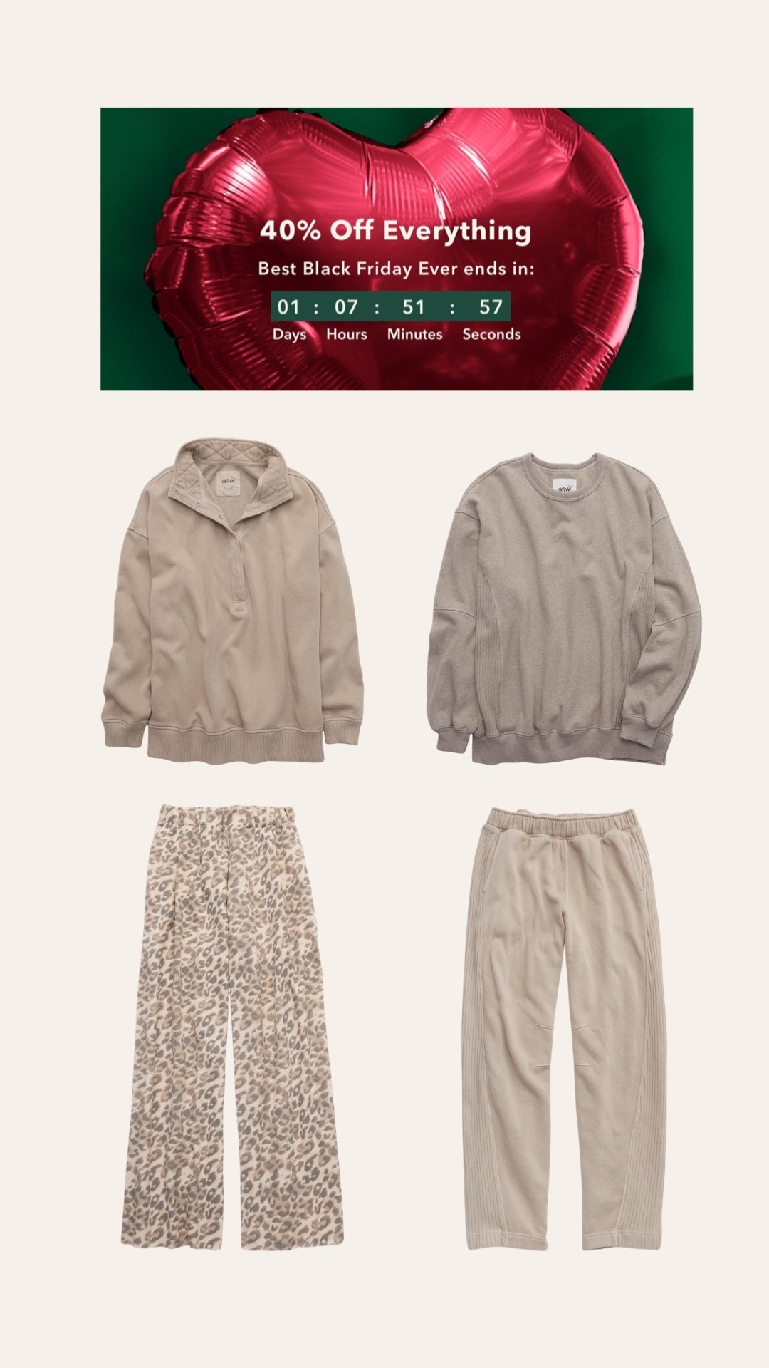 40% off everything at aerie!!! Gifts for her! Undies! Casual style. Comfy pants! 

#LTKCyberWeek #LTKFindsUnder50 #LTKSaleAlert