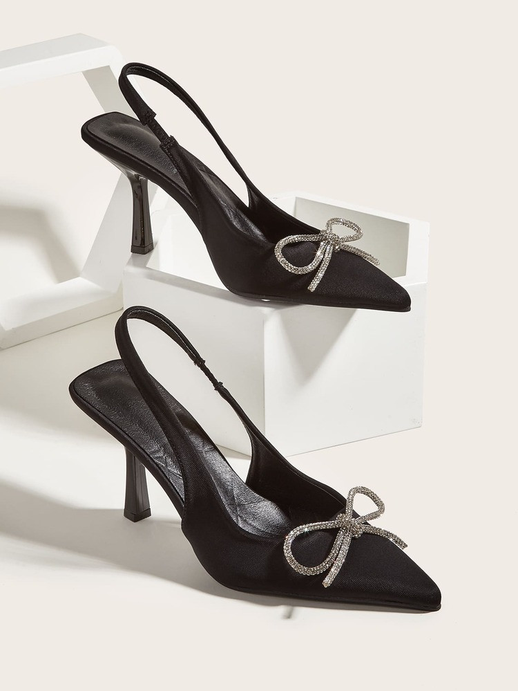 Rhinestone Bow Decor Point Toe Sculptural Heeled Slingback Pumps | SHEIN