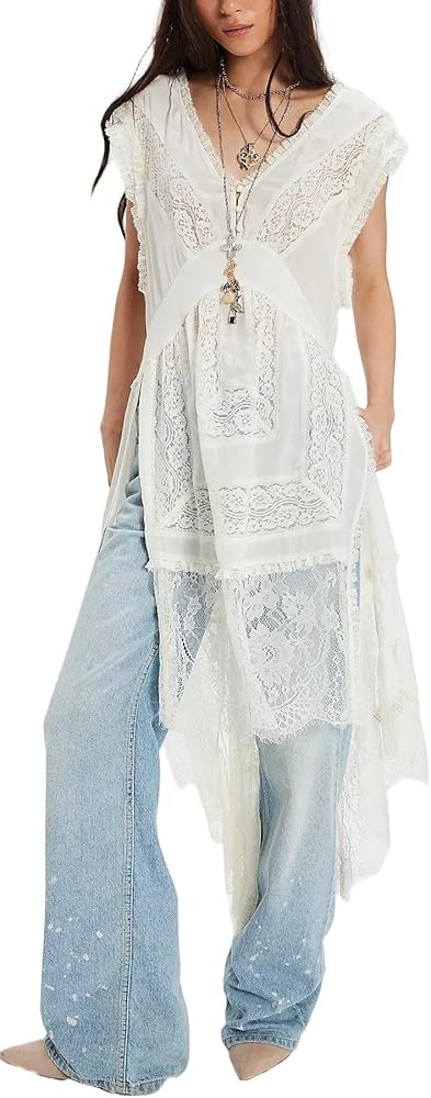 Women Lace Slip Dress High Low Hem Asymmetrical Long Cami Dress Sleeveless V Neck Sheer Flowy Spl... | Amazon (US)
