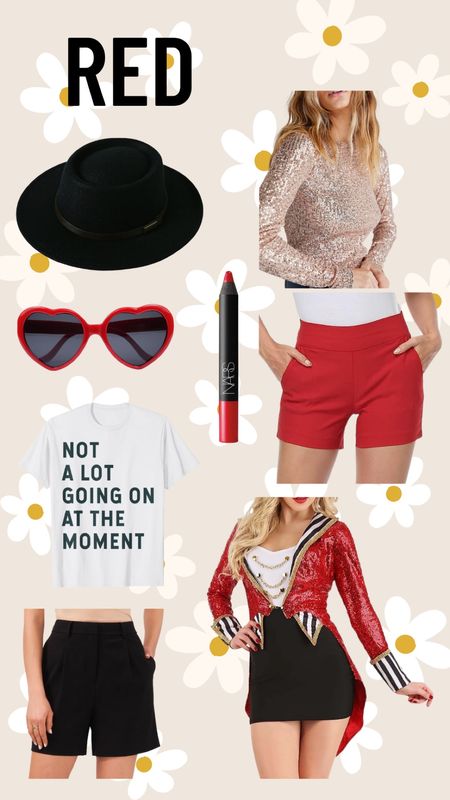 taylor swift. taylor swift eras. taylor swift concert. taylor swift outfit ideas. eras concert outfit. eras outfit. red. heart sunglasses. graphic tee. red shorts. sequin top. red lip. high waisted shorts. 

#LTKunder100 #LTKstyletip #LTKSeasonal