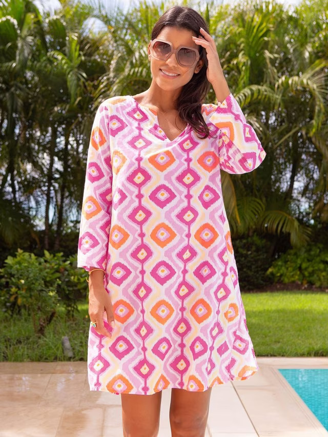 Aspiga Guadalupe Geometric Pure Organic Cotton Kaftan, Pink/Yellow | John Lewis (UK)
