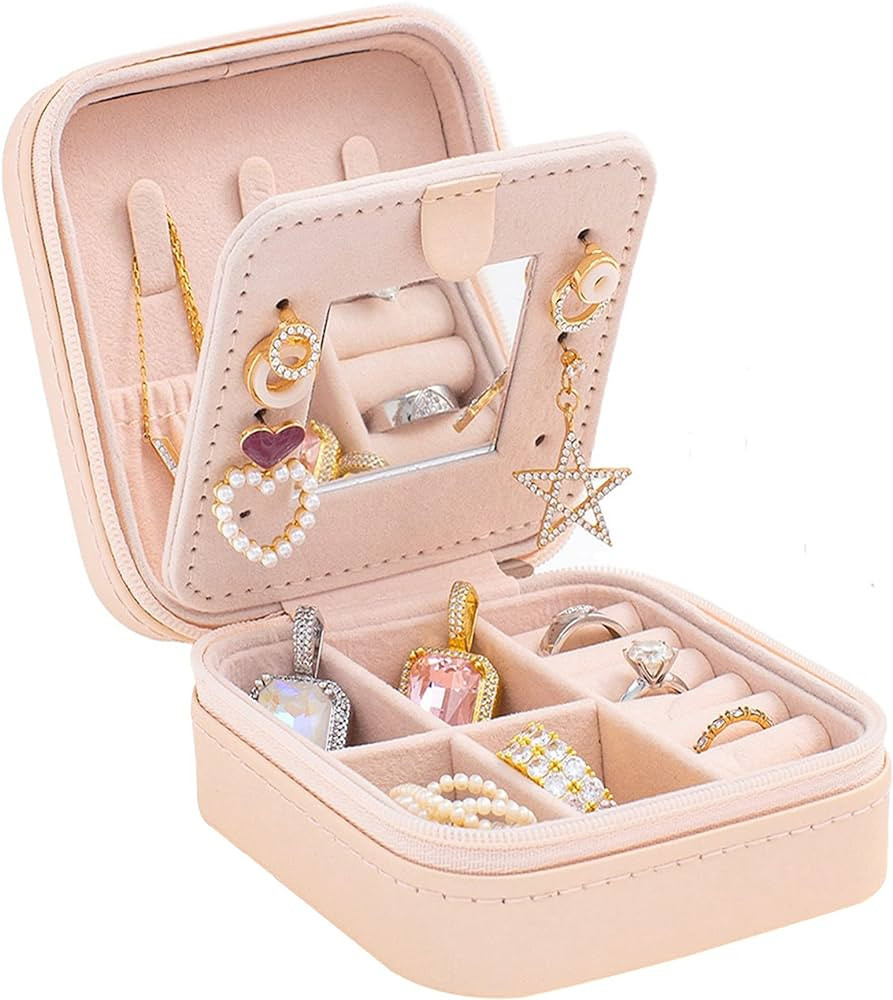 KElofoN Travel jewelry case Travel jewelry box Travel Jewelry Organizer Jewelry holder organizer Small Jewelry Organizer Box Gift for Girls Women with Mirror Christmas gift（Pink） | Amazon (US)