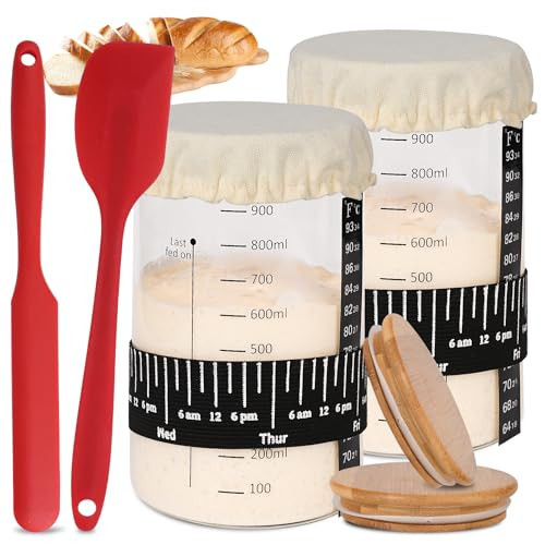 Xileanalee Pro Sourdough Starter Jar Kit 2 Packs-35 Oz Sourdough Bread Starter Jar Kit with Date Marked Feeding Band,Thermometer,Spatula,Cloth Cover& Lid for Sour Dough Bread Loaf (2 Pcs) | Amazon (US)