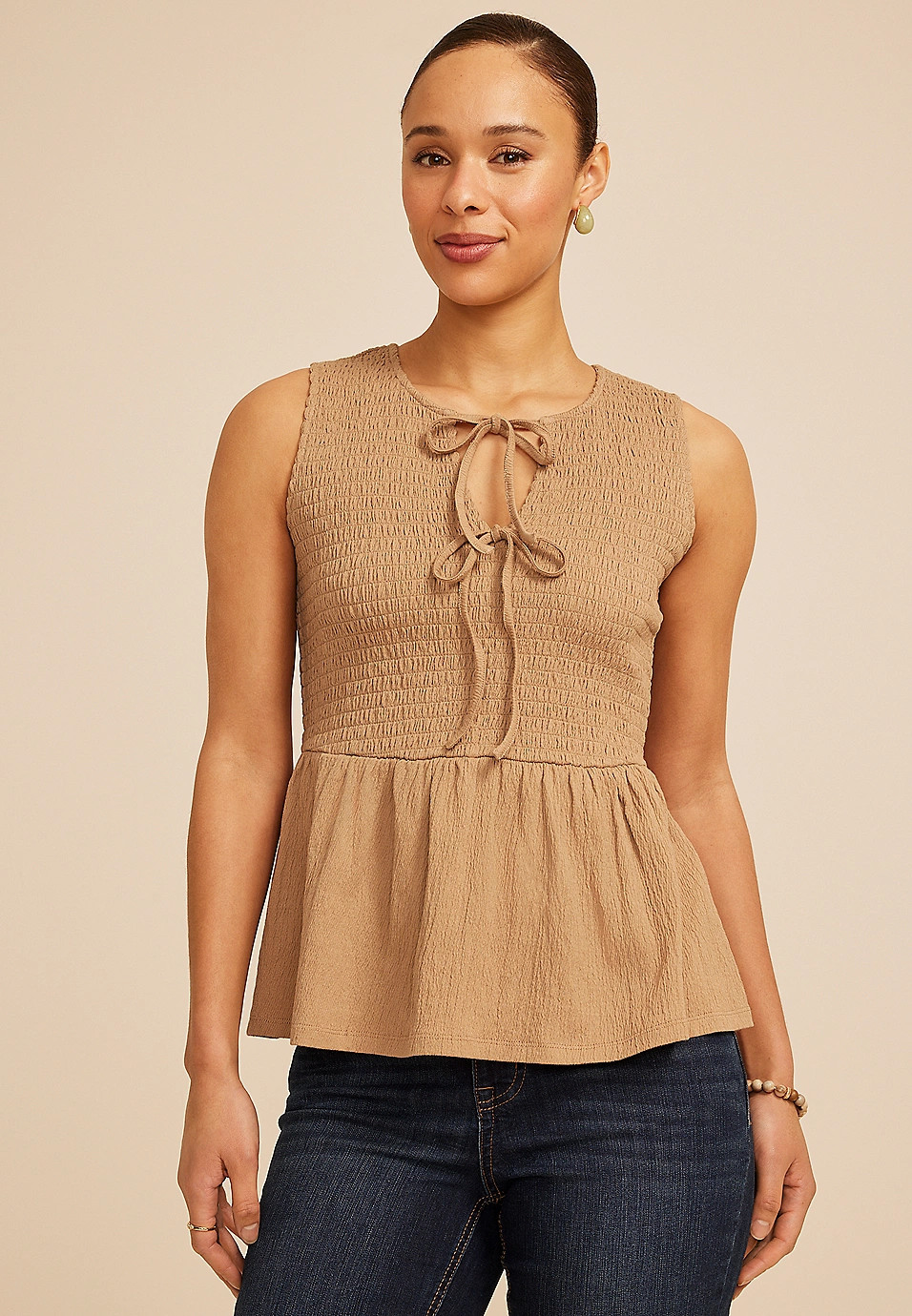 Smocked Tie Front Peplum Tank Top | Maurices