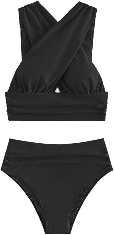 GORGLITTER Women's Two Piece Swimsuits Criss Cross Wrap Top with Ruched High Waisted Bikini Set | Amazon (US)