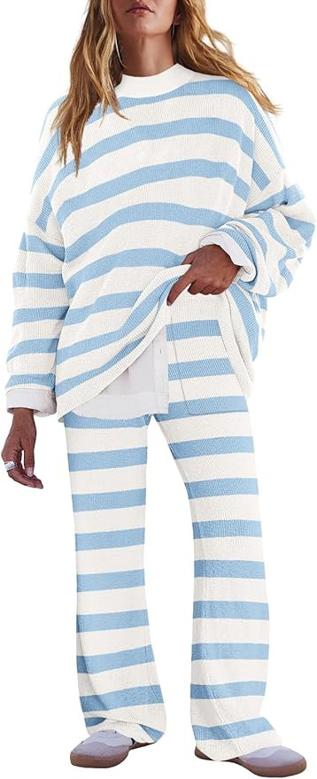 LAMISSCHE Oversized Womens Lounge Set Striped Sweater Set Long Sleeve 2 Piece Pajama Set Top and ... | Amazon (US)
