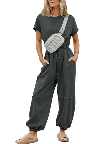 Flygo One Piece Jumpsuits for Women Crewneck Short Sleeve Casual Wide Leg Long Pants Drawstring Rompers Outfits with Pockets(DarkGrey-L) | Amazon (US)