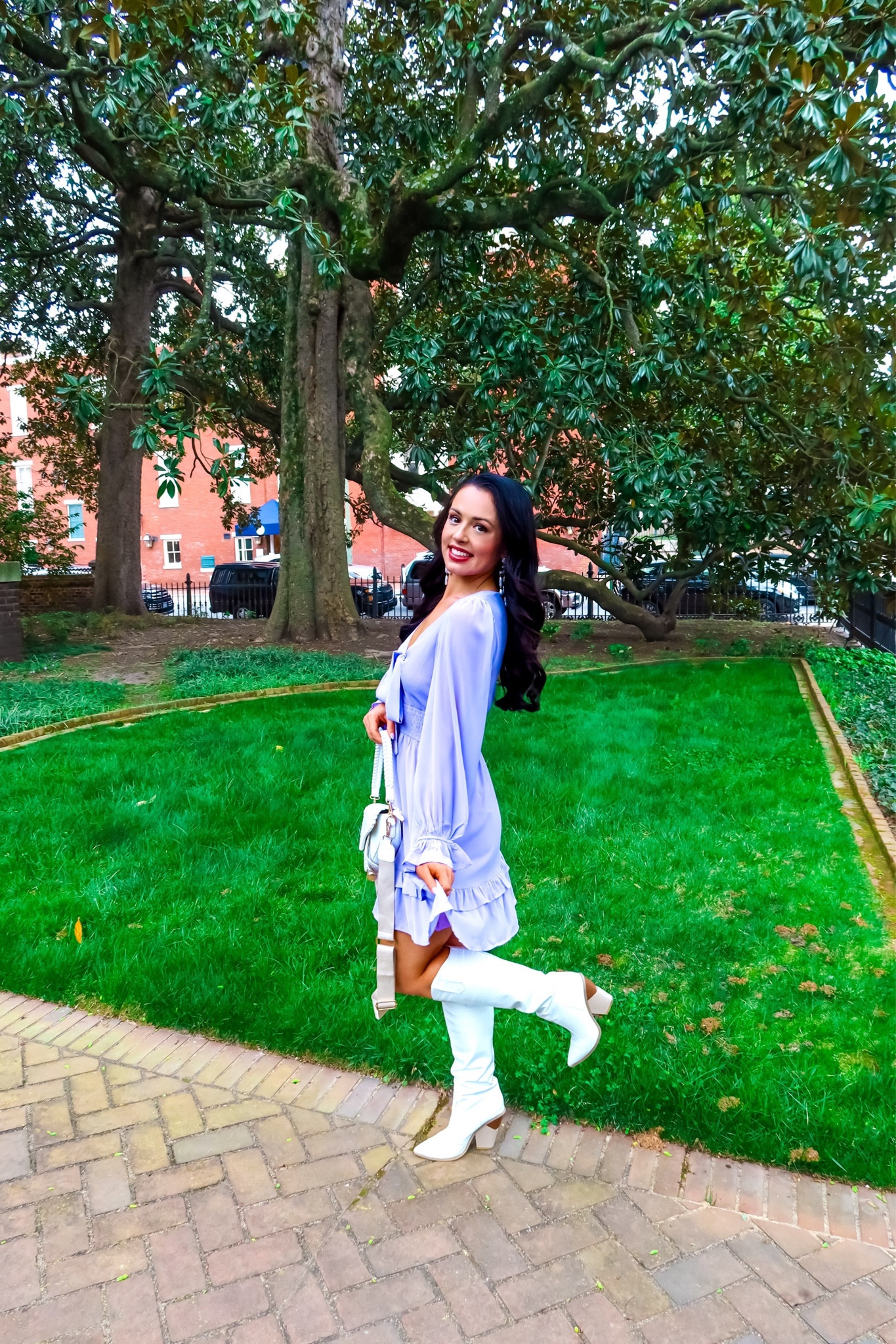 Under $30 amazon tie front long sleeve mini dress (small, 5+ colors), under $50 amazon white western boots (tts), under $15 amazon pearl earrings and under $30 amazon saddlebag purse — a perfect spring or summer event dress! #founditonamazon  

#LTKSaleAlert #LTKShoeCrush #LTKFindsUnder50