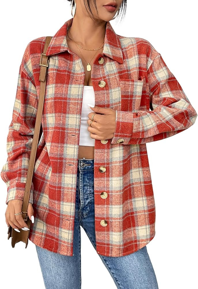 Zeagoo Women Flannel Shacket Jacket Plaid Button Down Long Sleeve Shirt Fall Outfits 2024 | Amazon (US)